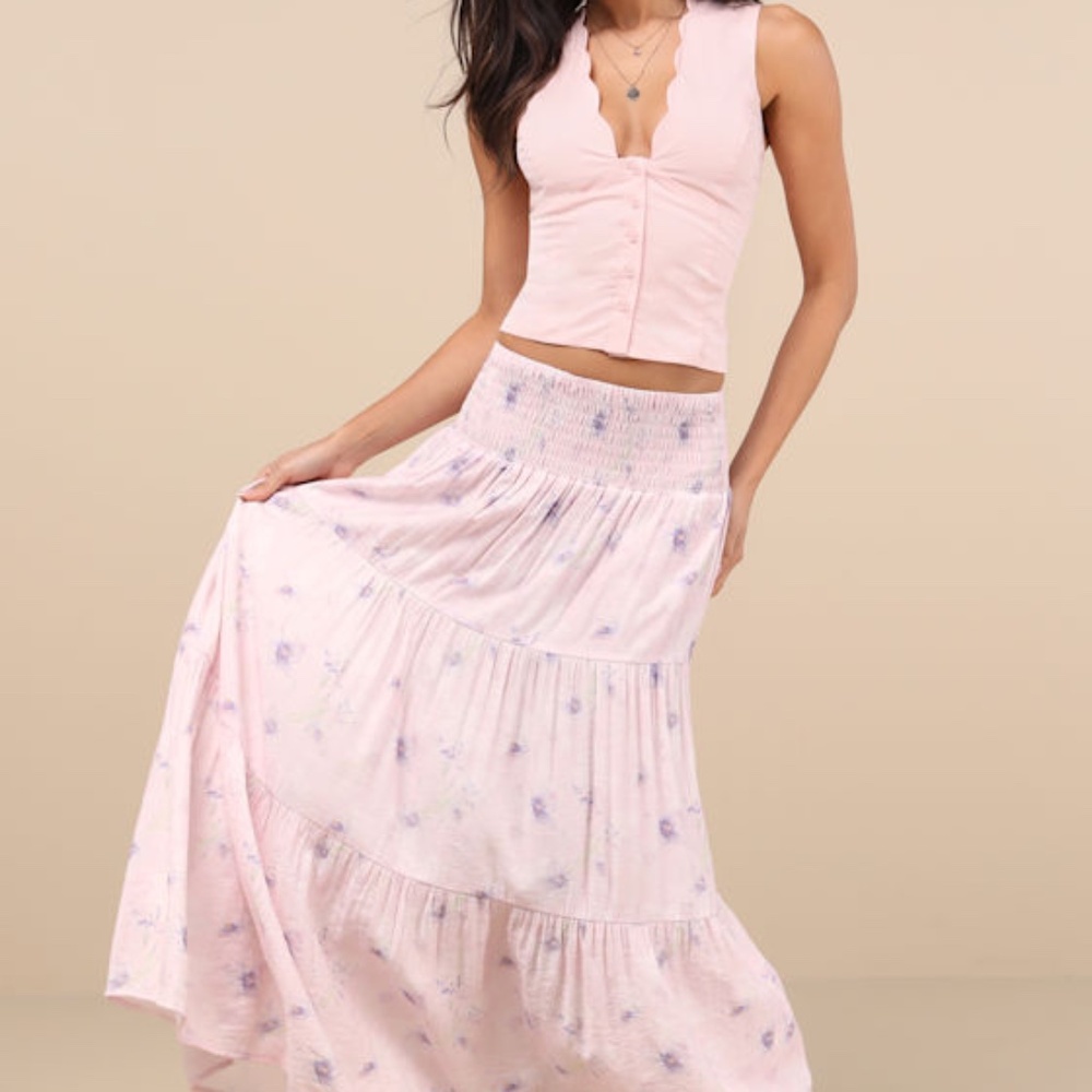 Lulus Anthea Light Pink Floral Smocked Tiered Maxi Skirt - Size S